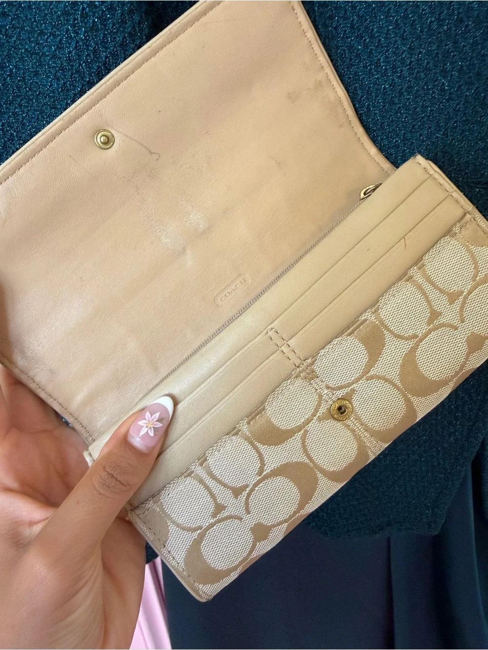 Coach Tan Signature Double-Zip Wallet with Leather Trim